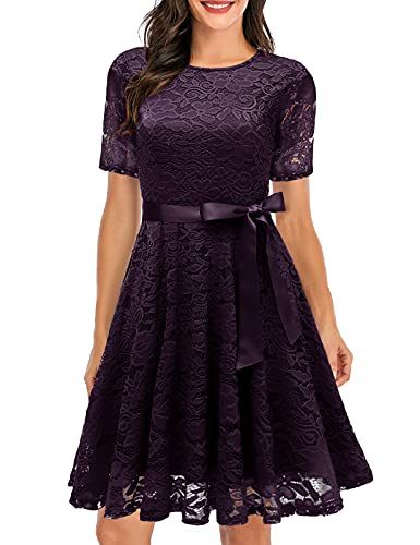 DRESSTELLS Damen Kleider Spitzenkleid Elegant Cocktailkleid für Hochzeit Festliches Ballkleid Brautjungfernkleider Knielang Abendkleider Grape L von DRESSTELLS