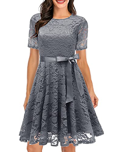 DRESSTELLS Damen Kleider Spitzenkleid Elegant Cocktailkleid für Hochzeit Festliches Ballkleid Brautjungfernkleider Knielang Abendkleider Grey L von DRESSTELLS