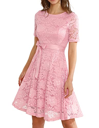 DRESSTELLS Damen Kleider Spitzenkleid Elegant Cocktailkleid für Hochzeit Festliches Ballkleid Brautjungfernkleider Knielang Abendkleider Pink L von DRESSTELLS