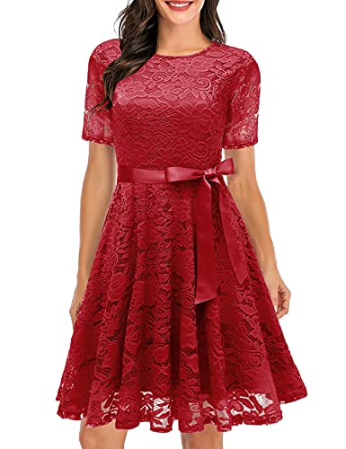 DRESSTELLS Damen Kleider Spitzenkleid Cocktailkleid Festliches Ballkleid Brautjungfernkleider für Hochzeit A-Line Knielang Abendkleider Red 2XL von DRESSTELLS