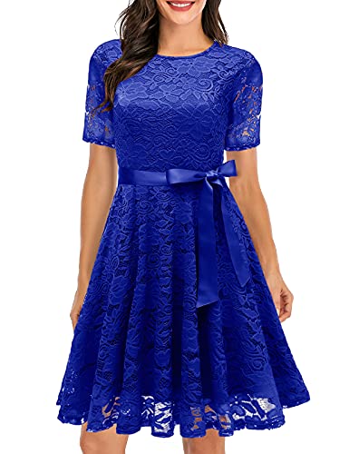 DRESSTELLS Damen Festliche Cocktailkleid Elegante Abendkleid Hochzeitskleid Knielang Brautjungfern Midi Spitzenkleide Ballkleid Brautjungfernkleider für Hochzeit Royal Blue S von DRESSTELLS