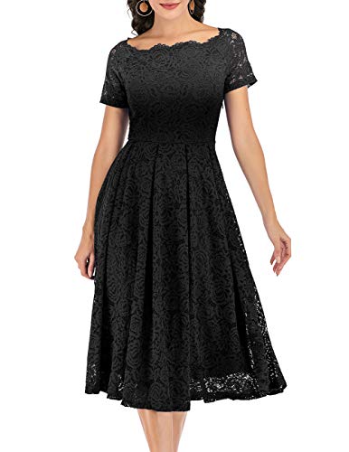 DRESSTELLS Damen Elegant FüR Hochzeit A Linie Spitzenkleid, Cocktailkleider Festlich, Knielang Abendkleider, Schulterfrei Abendkleider, kurzärmelig Swing Faltenrock, Black S von DRESSTELLS