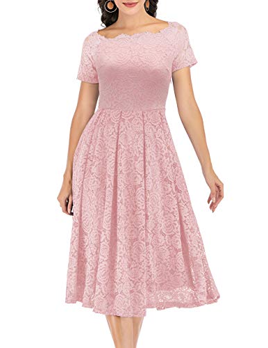 DRESSTELLS Damen Elegant FüR Hochzeit A Linie Spitzenkleid, Cocktailkleider Festlich, Knielang Abendkleider, Schulterfrei Abendkleider, kurzärmelig Swing Faltenrock, Blush M von DRESSTELLS