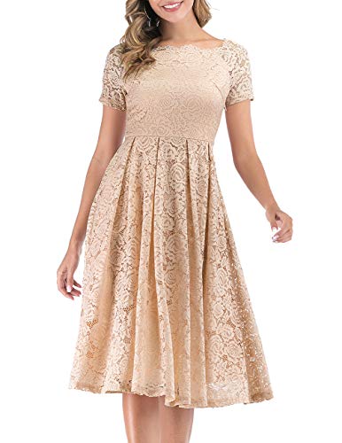 DRESSTELLS Damen Elegant FüR Hochzeit A Linie Spitzenkleid, Cocktailkleider Festlich, Knielang Abendkleider, Schulterfrei Abendkleider, kurzärmelig Swing Faltenrock, Champagne S von DRESSTELLS