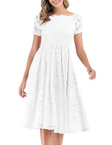 DRESSTELLS Damen Elegant FüR Hochzeit A Linie Spitzenkleid, Cocktailkleider Festlich, Knielang Abendkleider, Schulterfrei Abendkleider, kurzärmelig Swing Faltenrock, White S von DRESSTELLS