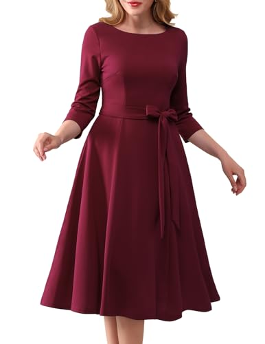 DRESSTELLS Damen Kleid Hochzeitgast Elegant Cocktailkleid Langarm Festliches Partykleid Brautmutterkleid mit Gurtel Retro Faltenrock Knielang Midilang Burgundy 3XL von DRESSTELLS