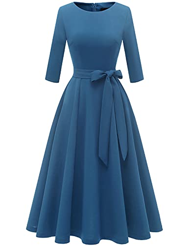 DRESSTELLS Damen Kleid Hochzeitgast Elegant Cocktailkleid Langarm Festliches Partykleid Brautmutterkleid mit Gurtel Retro Faltenrock Knielang Midilang Greyblue 3XL von DRESSTELLS