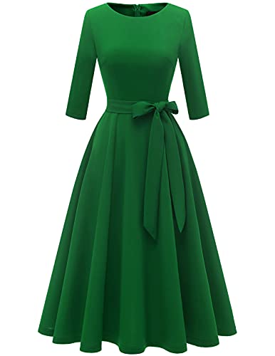 DRESSTELLS Damen Elegant Cocktailkleid Langarm Festlich Kleider Brautmutterkleid mit Gurtel Retro Faltenrock Knielang Midilang A-Linie Abendkleid Green XL von DRESSTELLS