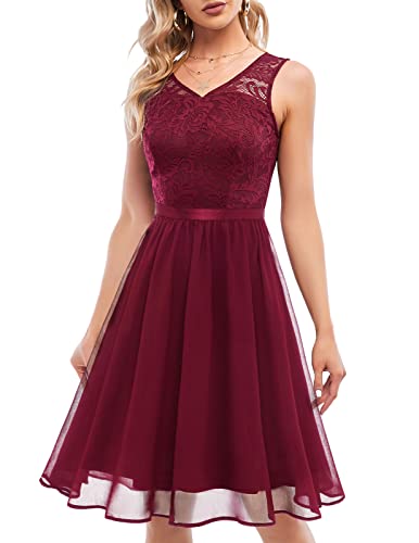 DRESSTELLS Damen Kleider Spitzenkleid Cocktailkleid Festliches Ballkleid Brautjungfernkleider für Hochzeit Knielang Abendkleider DarkRed M von DRESSTELLS