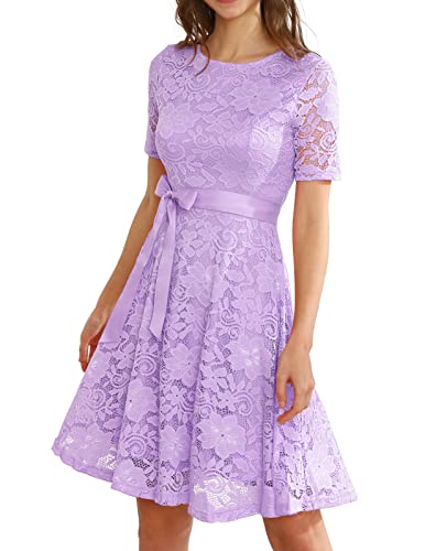 DRESSTELLS Damen Kleider Spitzenkleid Elegant Cocktailkleid für Hochzeit Festliches Ballkleid Brautjungfernkleider Knielang Abendkleider Lavender L von DRESSTELLS