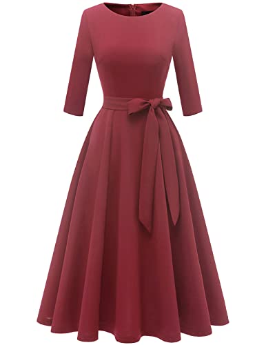 DRESSTELLS Damen 1950s Retro Vintage Rockabilly Kleid Festliches Partykleider Knielang 3/4 Arm Ballkleid Elegant Abendkleid A-Line Faltenrock Raspberry 2XL von DRESSTELLS