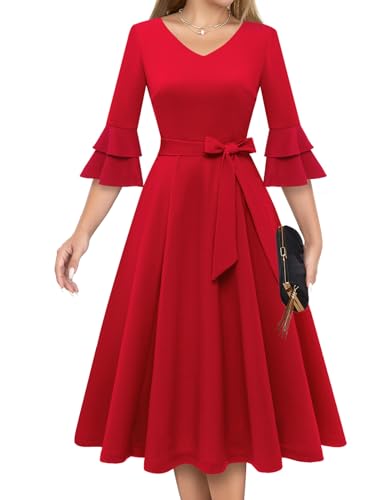 DRESSTELLS Damen Knielang Kleid Beerdigung Formal Bescheiden Kleider 3/4 Ärmel Plus Größe Red Cocktailkleid Business Kleider Red S von DRESSTELLS