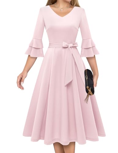 DRESSTELLS Damen Knielang Kleider Beerdigung Formal Bescheiden Kleider für Frauen 3/4 Ärmel Plus Größe Pink Cocktailkleid Business Kleider Pink M von DRESSTELLS