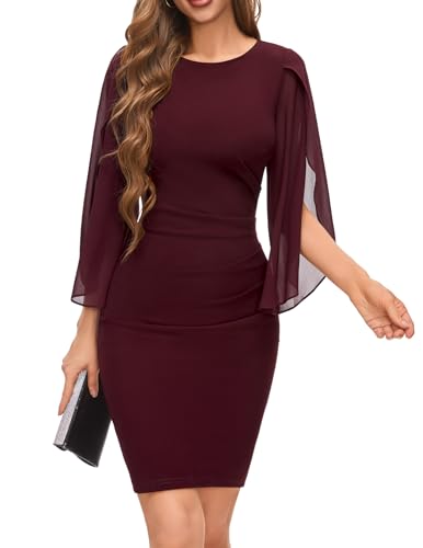 DRESSTELLS Damen Vintage Cocktailkelid Knielang Bleistiftkleid Rundhals Mutterkleid festlich Partykleid Burgundy M von DRESSTELLS