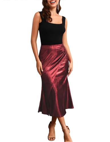 DRESSTELLS Damen Metallischer Hüftumhüllender Rock Knielang Skater Rock Stretch Hohe Taille Skater Röcke Burgundy M von DRESSTELLS