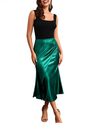 DRESSTELLS Damen Metallischer Hüftumhüllender Rock Knielang Skater Rock Stretch Hohe Taille Skater Röcke Dark Green L von DRESSTELLS