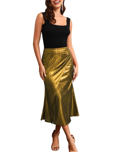 DRESSTELLS Damen Metallischer Hüftumhüllender Rock Knielang Skater Rock Stretch Hohe Taille Skater Röcke Golden XL von DRESSTELLS