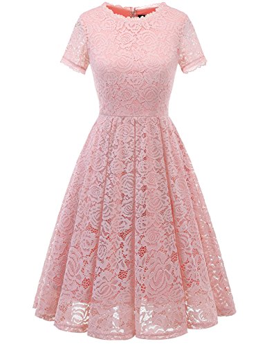 DRESSTELLS Damen Spitzenkleid brautmütter Kleider, Knielang Elegant Brautjungfer Cocktailkleid, Rockabilly Floral Kleid Kurzarm Blush 2XL von DRESSTELLS