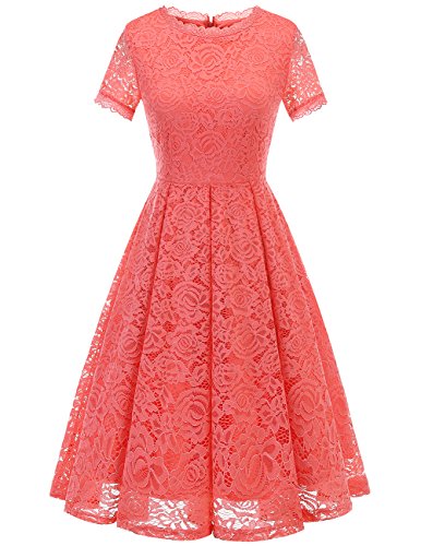 DRESSTELLS Damen Spitzenkleid brautmütter Kleider, Knielang Elegant Brautjungfer Cocktailkleid, Rockabilly Floral Kleid Kurzarm Coral XL von DRESSTELLS