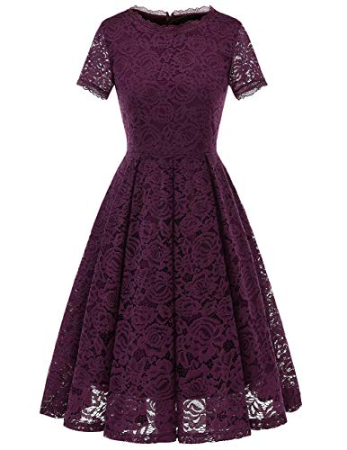 DRESSTELLS Damen Spitzenkleid brautmütter Kleider, Knielang Elegant Brautjungfer Cocktailkleid, Rockabilly Floral Kleid Kurzarm Grape 2XL von DRESSTELLS