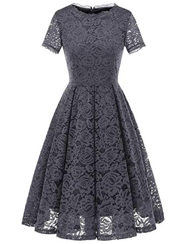 DRESSTELLS Damen Spitzenkleid brautmütter Kleider, Knielang Elegant Brautjungfer Cocktailkleid, Rockabilly Floral Kleid Kurzarm Grey 2XL von DRESSTELLS