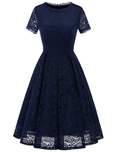 DRESSTELLS Damen Spitzenkleid brautmütter Kleider, Knielang Elegant Brautjungfer Cocktailkleid, Rockabilly Floral Kleid Kurzarm Navy M von DRESSTELLS