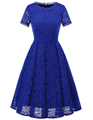 DRESSTELLS Damen Spitzenkleid brautmütter Kleider, Knielang Elegant Brautjungfer Cocktailkleid, Rockabilly Floral Kleid Kurzarm Royal Blue 2XL von DRESSTELLS