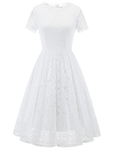 DRESSTELLS Damen Spitzenkleid brautmütter Kleider, Knielang Elegant Brautjungfer Cocktailkleid, Rockabilly Floral Kleid Kurzarm White 3XL von DRESSTELLS