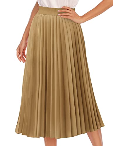 DRESSTELLS Damen Midi Plisseerock Elegent Boho Faltenrock Elastisch Chiffon Rock Lang Strandrock Light Khaki L von DRESSTELLS