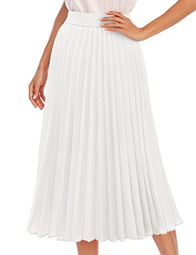 DRESSTELLS Damen Midi Plisseerock Elegent Boho Faltenrock Elastisch Chiffon Rock Lang Strandrock White XL von DRESSTELLS