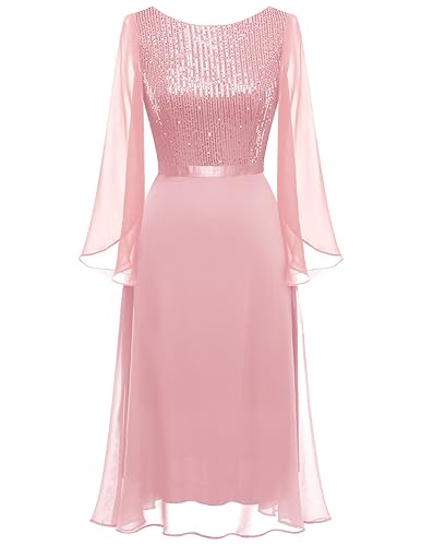 DRESSTELLS Damen Pailletten Kleid 3/4 Ärmel Cocktailkleid Glitzer Kleid Festlich Abendkleid Pink XL von DRESSTELLS