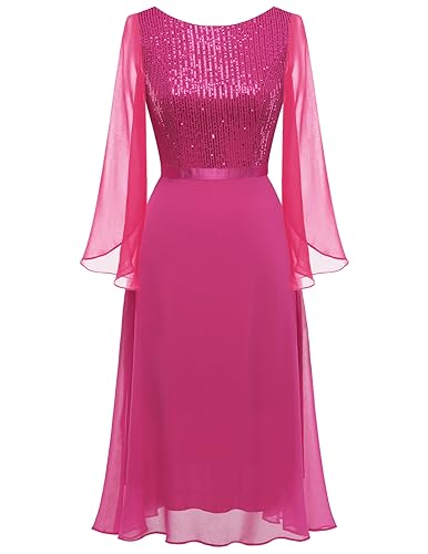 DRESSTELLS Damen Pailletten Kleid 3/4 Ärmel Cocktailkleid Glitzer Kleid Festlich Abendkleid Rose M von DRESSTELLS