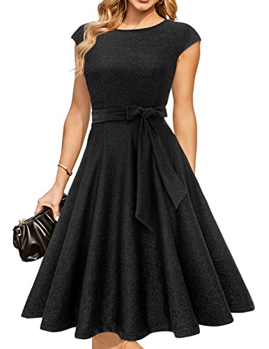 DRESSTELLS Cocktail Party Kleider für Frauen, 2024 Funkelnde Paillette Brautjungfer Kleid Aline Bescheidene Mutter der Braut Herbst Winter Kirche Kleid Glitter Schwarz 2XL von DRESSTELLS