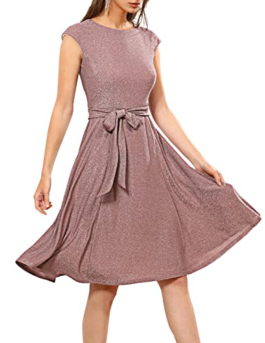 DRESSTELLS Cocktail Kleider, Womens Sparkly Midi Prom Party Hochzeit Gast Kleid Fit Flare 2024 Herbst Winter Aline Midi Kleid Glitter Rose L von DRESSTELLS