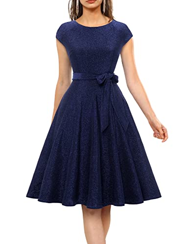 DRESSTELLS Cocktail Kleider, Womens Sparkly Midi Prom Party Hochzeit Gast Kleid Fit Flare 2023 Herbst Winter Aline Midi Kleid Glitter Navy L von DRESSTELLS