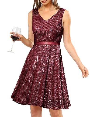 DRESSTELLS Damen Paillettenkleid Knielang Elegant für Hochzeit Brautjungfernkleider Knielang Cocktailkleid mit V-Ausschnitt Ärmellos Ballkleid Burgundy S von DRESSTELLS