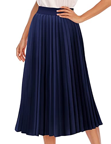 DRESSTELLS Damen Tüllrock A Linie Sommerrock Faltenrock Hohe Taille Rock Midi Swing Röcke A-Linie Hohe Taille Rock Navy L von DRESSTELLS