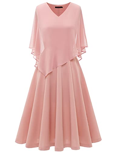 DRESSTELLS Damen Plus Größe Abendkleid Chiffon Cape Elegant Cocktailkleid Hochzeit V-Ausschnitt Knielang A-Linie Sommer Kleid Blush 3XL von DRESSTELLS