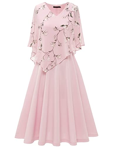 DRESSTELLS Damen Plus Größe Abendkleid Chiffon Cape Elegant Cocktailkleid Hochzeit V-Ausschnitt Knielang A-Linie Sommer Kleid Blush Flower 3XL von DRESSTELLS