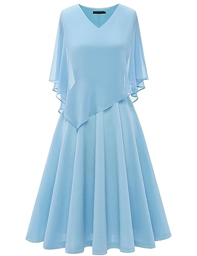 DRESSTELLS Damen Plus Größe Brautjungfernkleider Chiffon Cape Elegant Cocktailkleid Hochzeit Abendkleid V-Ausschnitt Knielang A-Linie Sommer Kleid Blue XL von DRESSTELLS