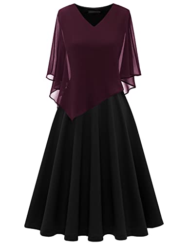 DRESSTELLS Damen Plus Größe Brautjungfernkleider Chiffon Cape Elegant Cocktailkleid Hochzeit Abendkleid V-Ausschnitt Knielang A-Linie Sommer Kleid Burgundy Black 2XL von DRESSTELLS