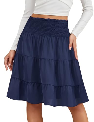 DRESSTELLS Damen Polka Dots Rock Elegent Boho Plisseerock Faltenrock Elastisch Chiffon Rock Lang Navy L von DRESSTELLS