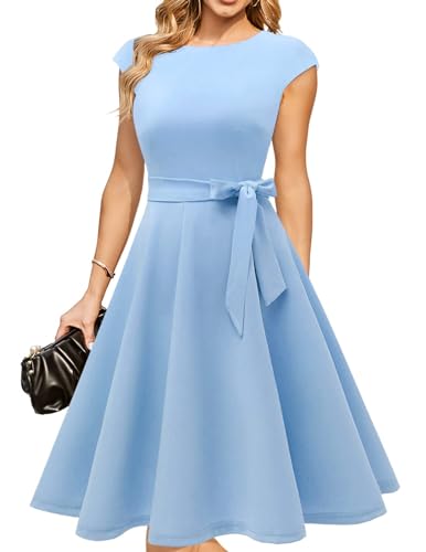 DRESSTELLS Cocktailkleid Damen Elegant 1950er Knielang Rockabilly Hochzeitkleid Vintage Abendkleid Kurz A-Line Swing Festlich Midilang Sommer Kleid Blue 2XL von DRESSTELLS