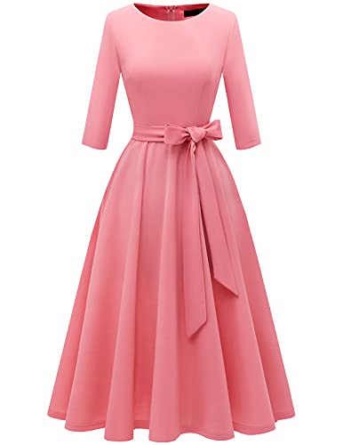 DRESSTELLS Damen Kleid Hochzeitgast Elegant Cocktailkleid Langarm Festliches Partykleid Brautmutterkleid mit Gurtel Retro Faltenrock Knielang Midilang Peach 3XL von DRESSTELLS