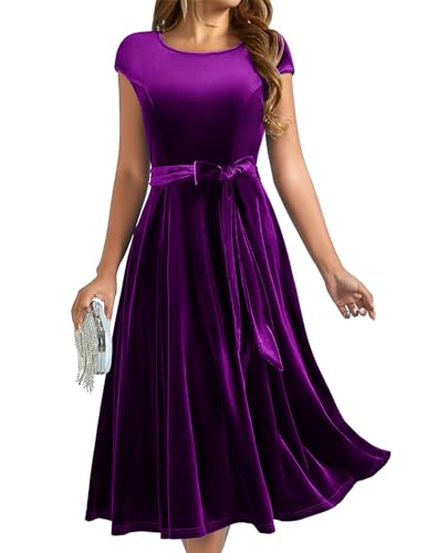 DRESSTELLS Damen Samtkleid Elegant Cocktailkleid Knielang Ballkleider Rundhals Partykleid Winterkleid für Hochzeit Velvet Grape 2XL von DRESSTELLS