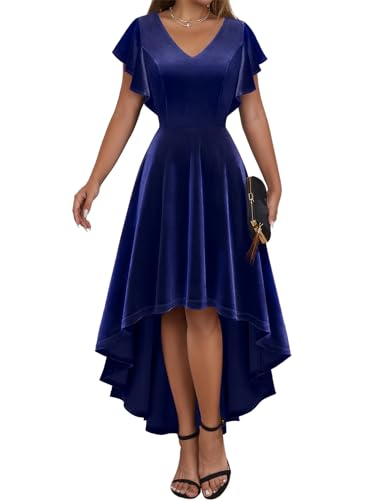 DRESSTELLS Vintage Samtkleid Damen Rockabilly Cocktailkleid V-Ausschnitt A-Linie Abendkleid Große Größe Hi-Lo Ballkleid Velvet Navy 2XL von DRESSTELLS