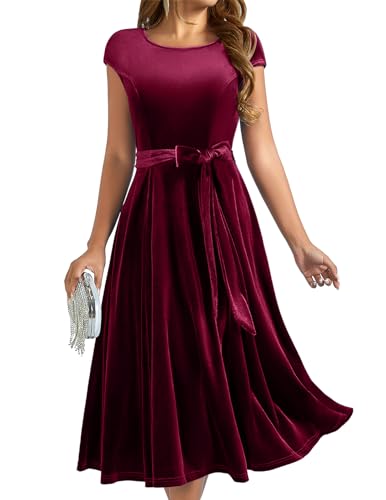 DRESSTELLS Damen Samtkleid Velvet Retro Kleid Elegant Abendkleid Rundhals Partykleid Cocktailkleid Winterkleid Velvet Burgundy L von DRESSTELLS