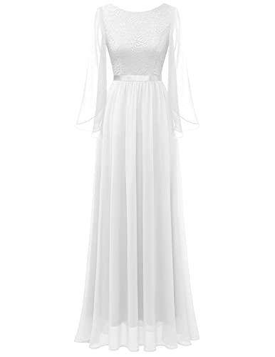 DRESSTELLS Weisses Kleid Damen Brautjungfer Elegant Party Knielang Cocktailkleid Chiffon Split Flare Ärmel White XL von DRESSTELLS