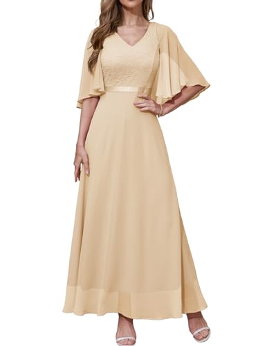 DRESSTELLS Damen Spitzenkleid Brautjungfer Kleid Lang Chiffon Abendkleid Party Festlich Cocktailkleid Sommerkleid Champagne 2XL von DRESSTELLS