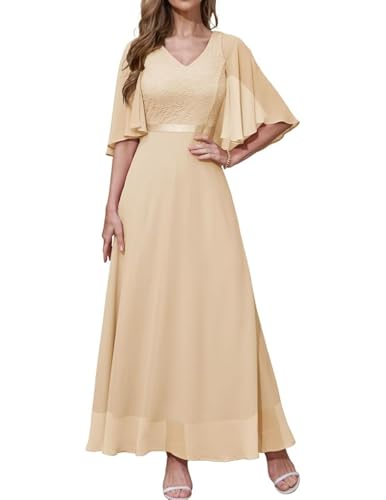 DRESSTELLS Abendkleid Damen Hochzeit Festlich Ballkleid mit V-Rücken Brautkleid Chiffon Cape Ärmel Spitzenkleid Elegant Lang Partykleid Champagne 2XL von DRESSTELLS